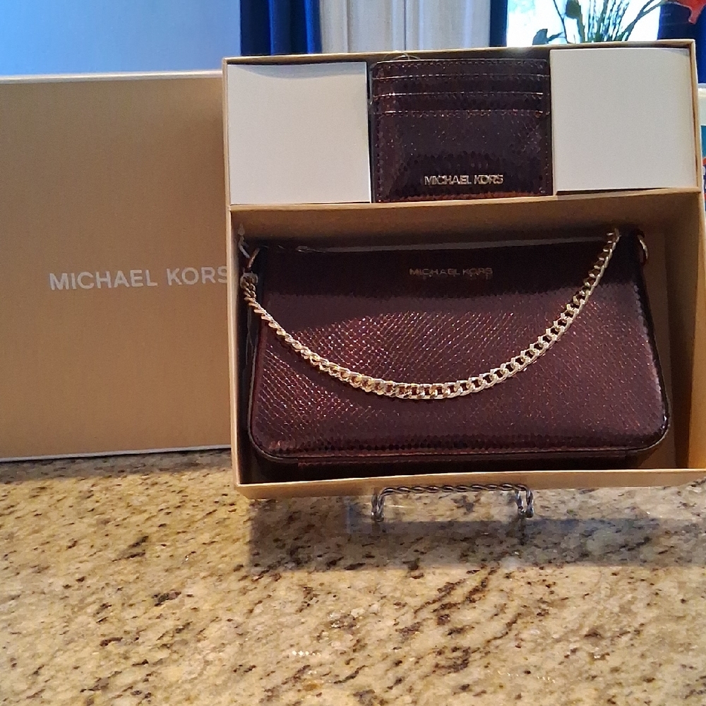 Michael Kors Burgundy Crossbody with Gold Chain With Card Holder